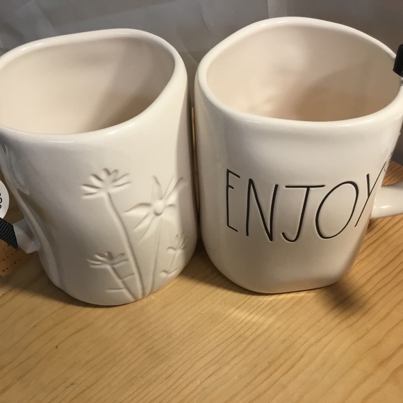NWT~ 2 Rae Dunn White Raised Floral Engraved Back ceramic coffee Mug ENJOY - Picture 3 of 10